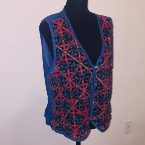 Red / blue Denim and plaid woven gate net denim vest - Picture 2 of 7